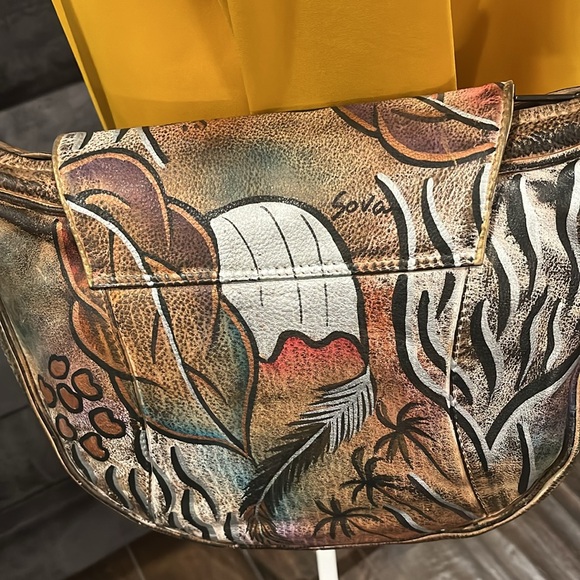 Sova Hand-painted Leather Crossbody. Never  used. Earth tone with silver accent - Picture 5 of 15